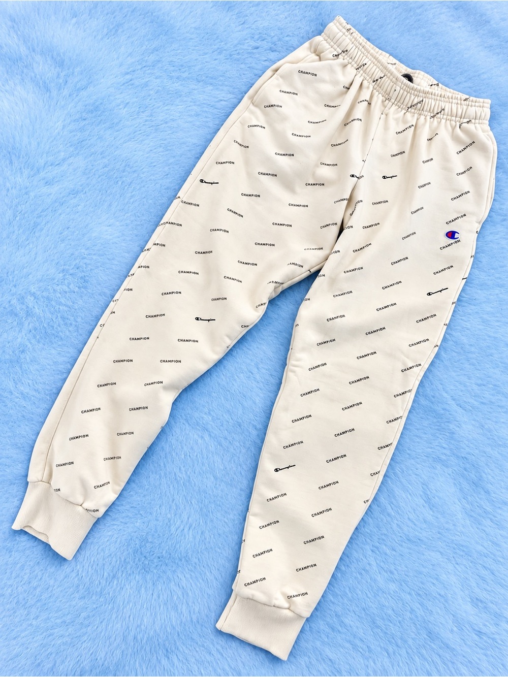 Champion All Over Logo Cream Jogger Sweatpants Spellout
